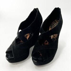 Jessica Simpson Black Suede Criss Cross Open Toe Wedge Heel Booties